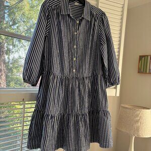 Gap Factory Tiered Poplin Puff Sleeve  Blue Stripe Mini Dress Sz M